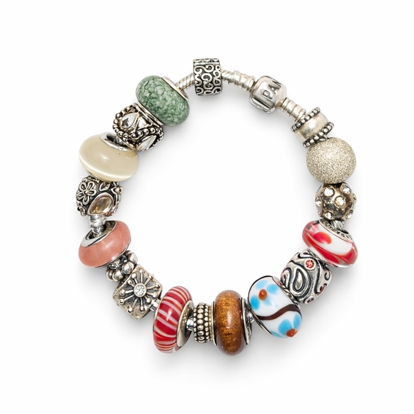 Authentic Pandora Sterling Silver Charm Bracelet 7” w/ 15 Charms ALE 925 Murano
